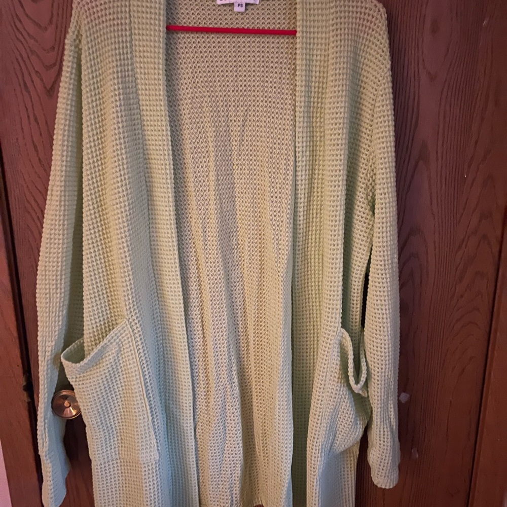 Light Green Waffle Knit Open Cardigan
